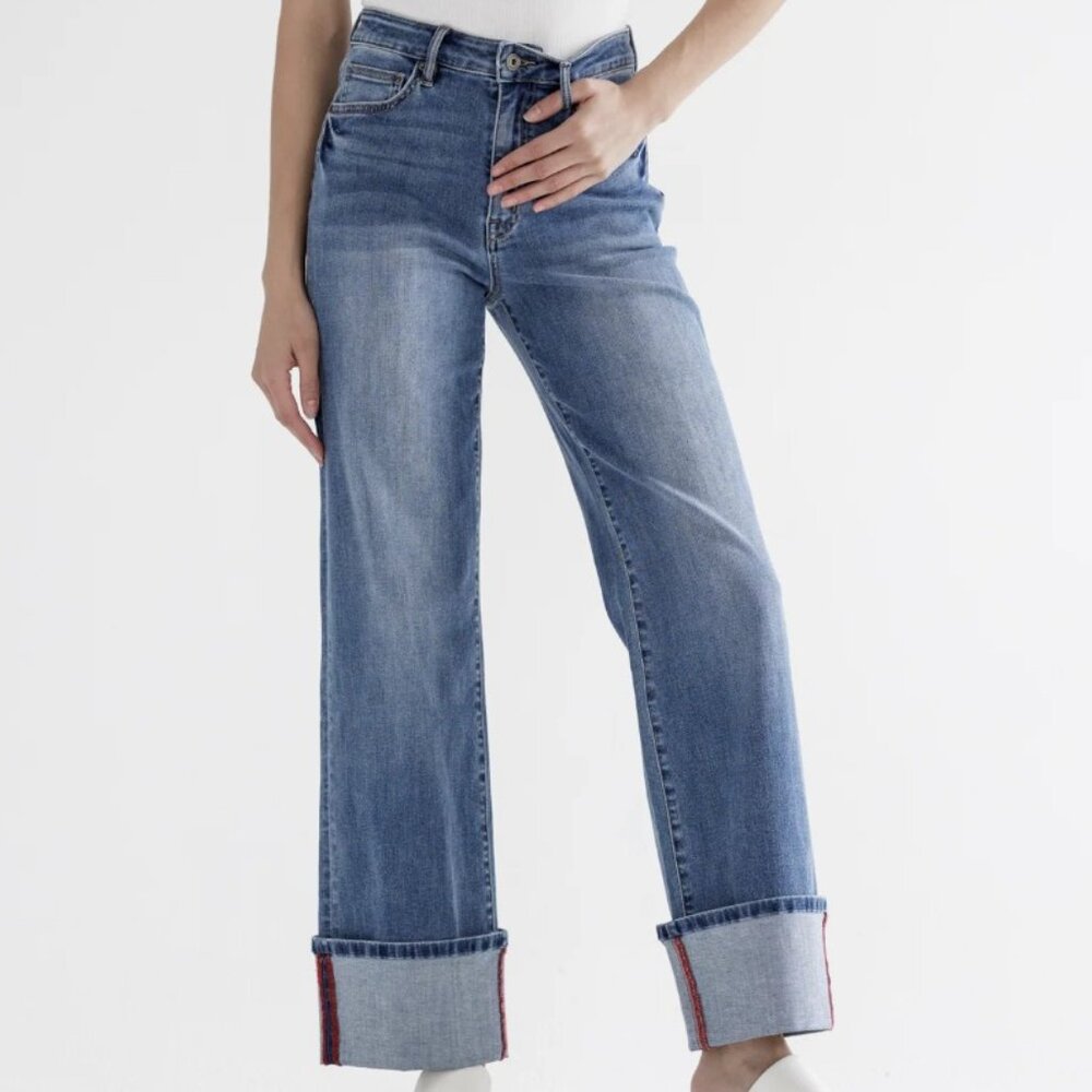 MICA-High Rise Wide Leg Jeans with Cuffed Hem - Picture 4 of 5